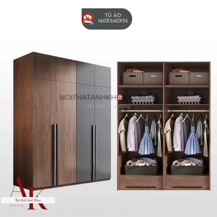 Tủ Quần Áo Gỗ Công Nghiệp Màu Nâu Phối Xám Hiện Đại Sang Trọng 
