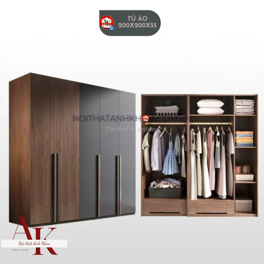 Tủ Quần Áo Gỗ Công Nghiệp Màu Nâu Phối Xám Hiện Đại Sang Trọng 