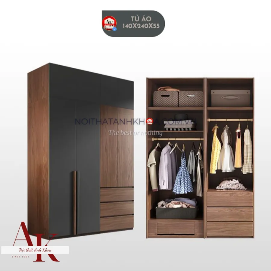 Tủ Quần Áo Gỗ Công Nghiệp Màu Nâu Phối Xám Hiện Đại Sang Trọng 