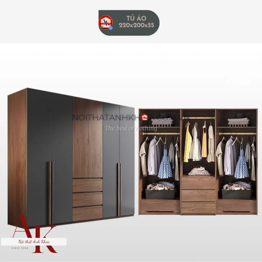 Tủ Quần Áo Gỗ Công Nghiệp Màu Nâu Phối Xám Hiện Đại Sang Trọng 