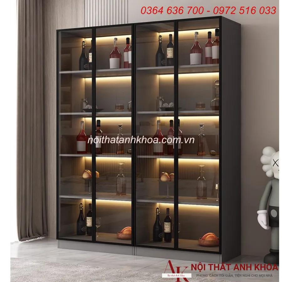Tủ Rượu Cánh Kính Gỗ Công Nghiệp Màu Đen Kết Hợp LED Sang Trọng Hiện Đại