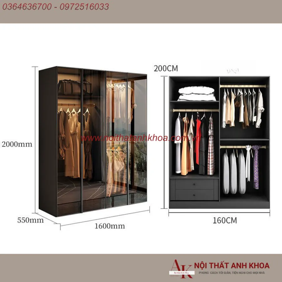 Tủ Quần Áo Cánh Kính Gỗ Công Nghiệp Khung Nhôm Xingfa Cao Cấp Giá Rẻ