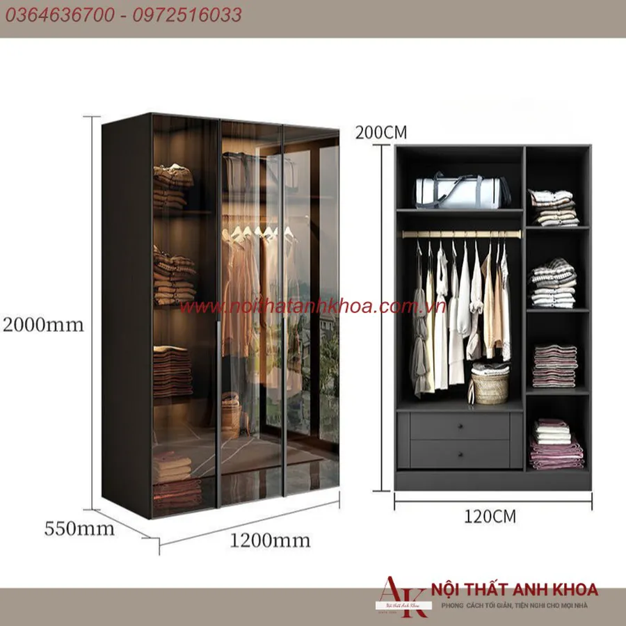 Tủ Quần Áo Cánh Kính Gỗ Công Nghiệp Khung Nhôm Xingfa Cao Cấp Giá Rẻ