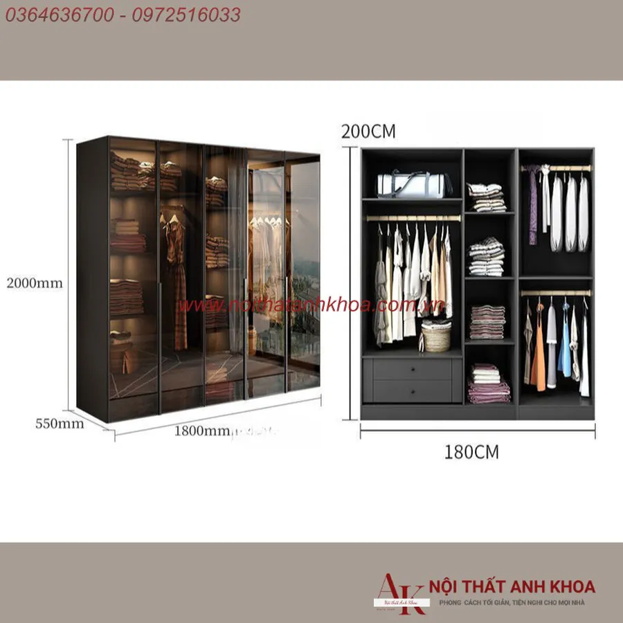 Tủ Quần Áo Cánh Kính Gỗ Công Nghiệp Khung Nhôm Xingfa Cao Cấp Giá Rẻ