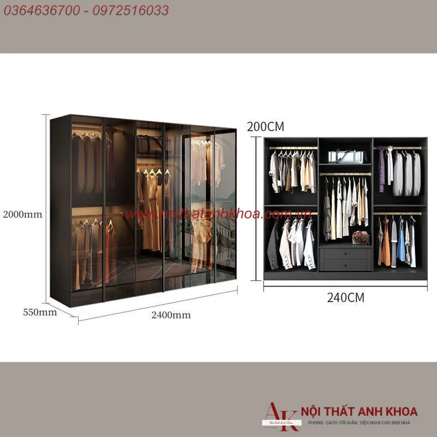 Tủ Quần Áo Cánh Kính Gỗ Công Nghiệp Khung Nhôm Xingfa Cao Cấp Giá Rẻ