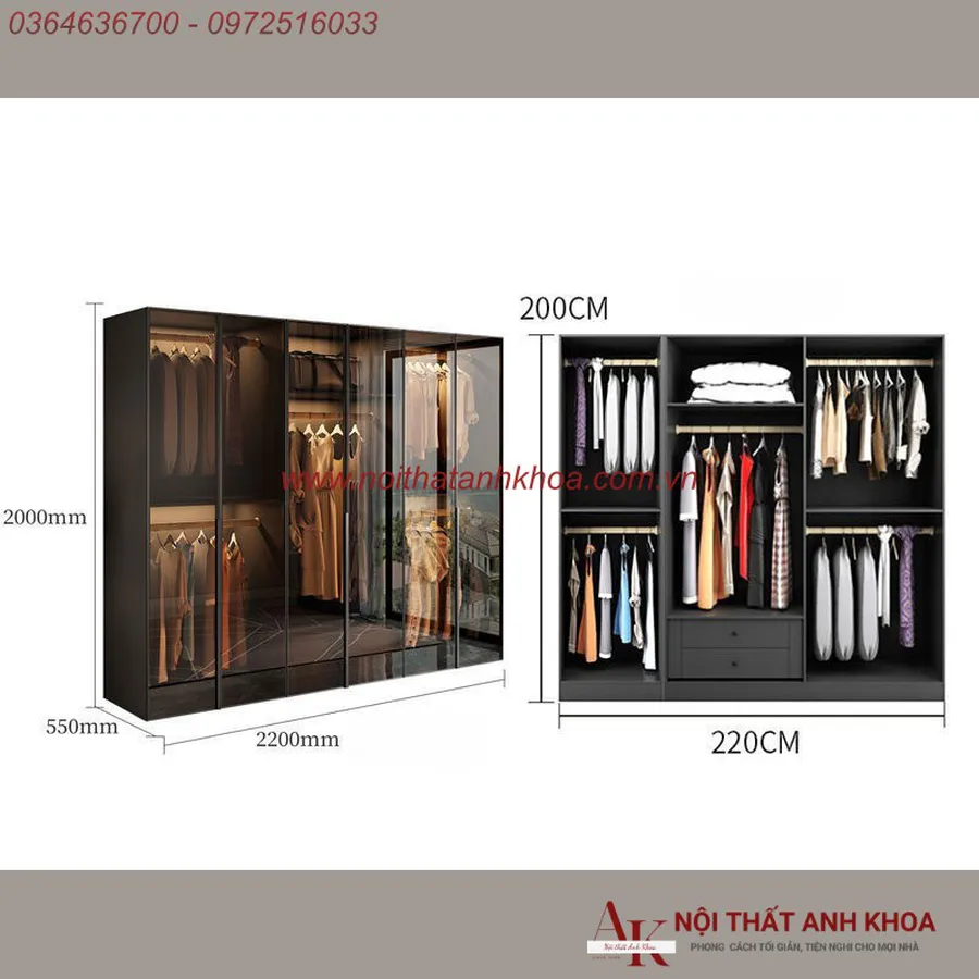 Tủ Quần Áo Cánh Kính Gỗ Công Nghiệp Khung Nhôm Xingfa Cao Cấp Giá Rẻ