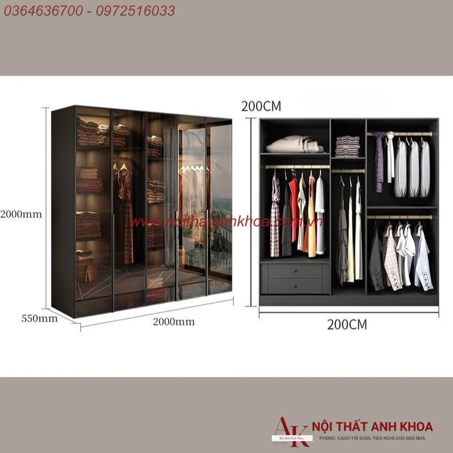 Tủ Quần Áo Cánh Kính Gỗ Công Nghiệp Khung Nhôm Xingfa Cao Cấp Giá Rẻ