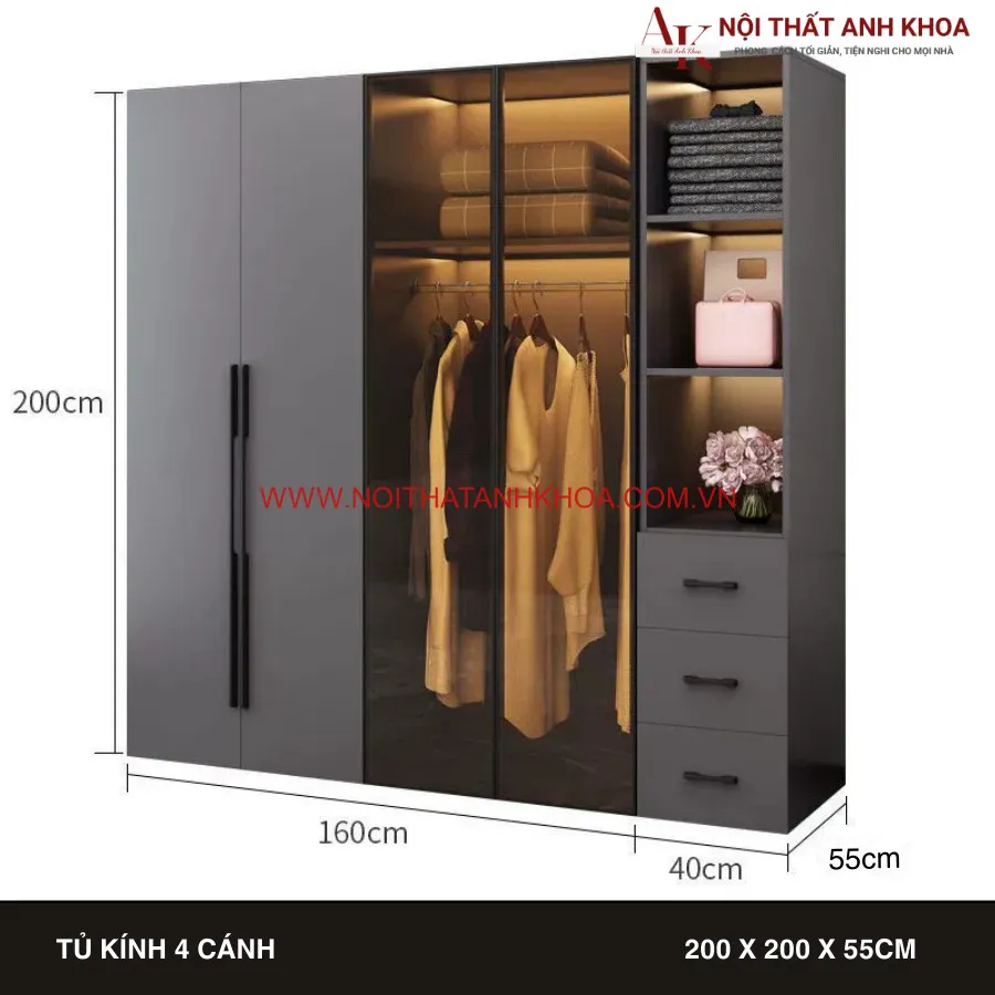 Tủ Áo Cánh Kính Gỗ Công Ngiệp Màu Xám Có Led Đẹp Hiện Đại