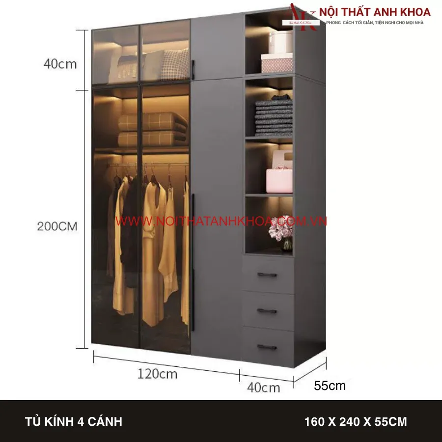 Tủ Áo Cánh Kính Gỗ Công Ngiệp Màu Xám Có Led Đẹp Hiện Đại