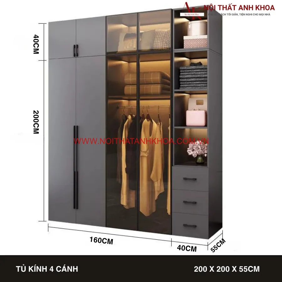 Tủ Áo Cánh Kính Gỗ Công Ngiệp Màu Xám Có Led Đẹp Hiện Đại