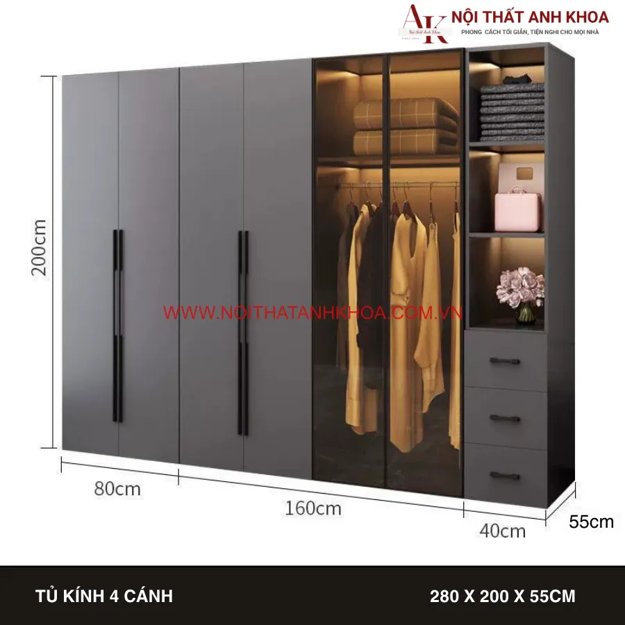 Tủ Áo Cánh Kính Gỗ Công Ngiệp Màu Xám Có Led Đẹp Hiện Đại