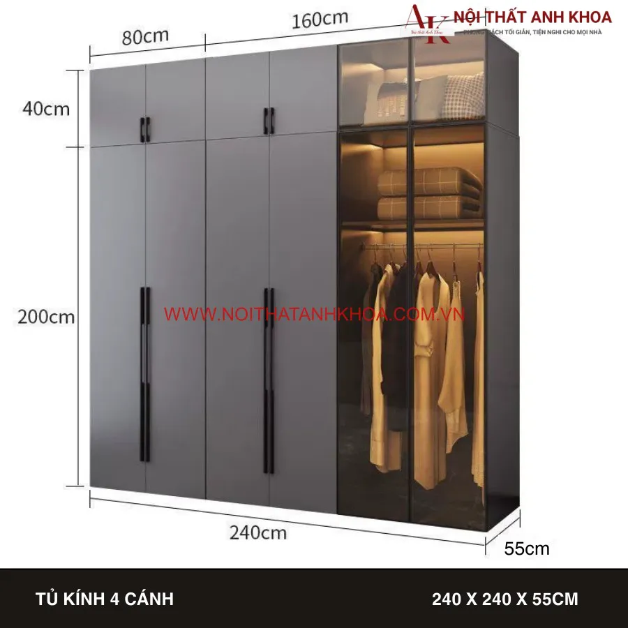 Tủ Áo Cánh Kính Gỗ Công Ngiệp Màu Xám Có Led Đẹp Hiện Đại