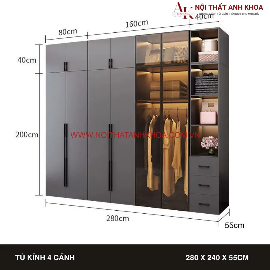 Tủ Áo Cánh Kính Gỗ Công Ngiệp Màu Xám Có Led Đẹp Hiện Đại
