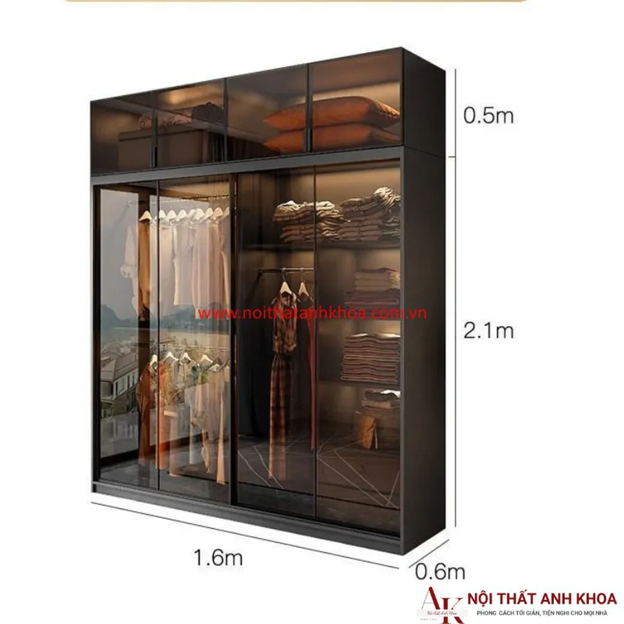 Tủ Áo Cánh Kính Gỗ MDF Màu Xám Chì
