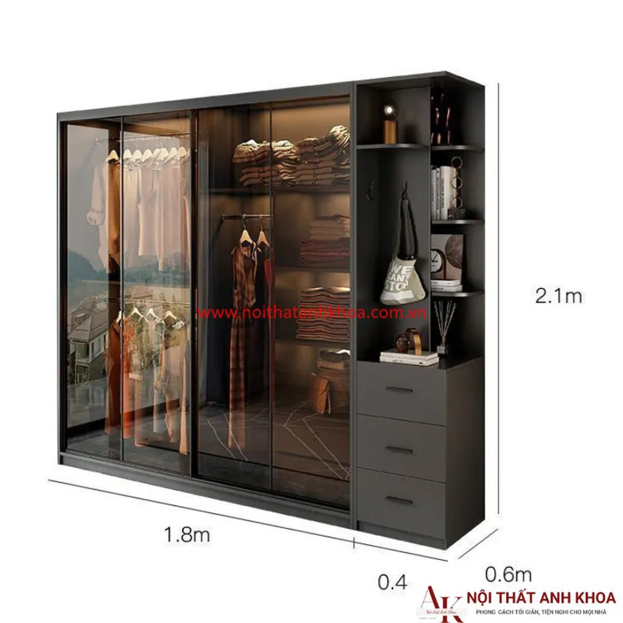 Tủ Áo Cánh Kính Gỗ MDF Màu Xám Chì