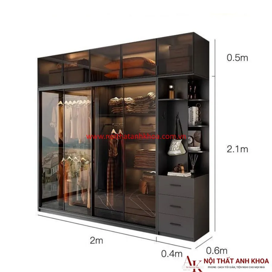 Tủ Áo Cánh Kính Gỗ MDF Màu Xám Chì