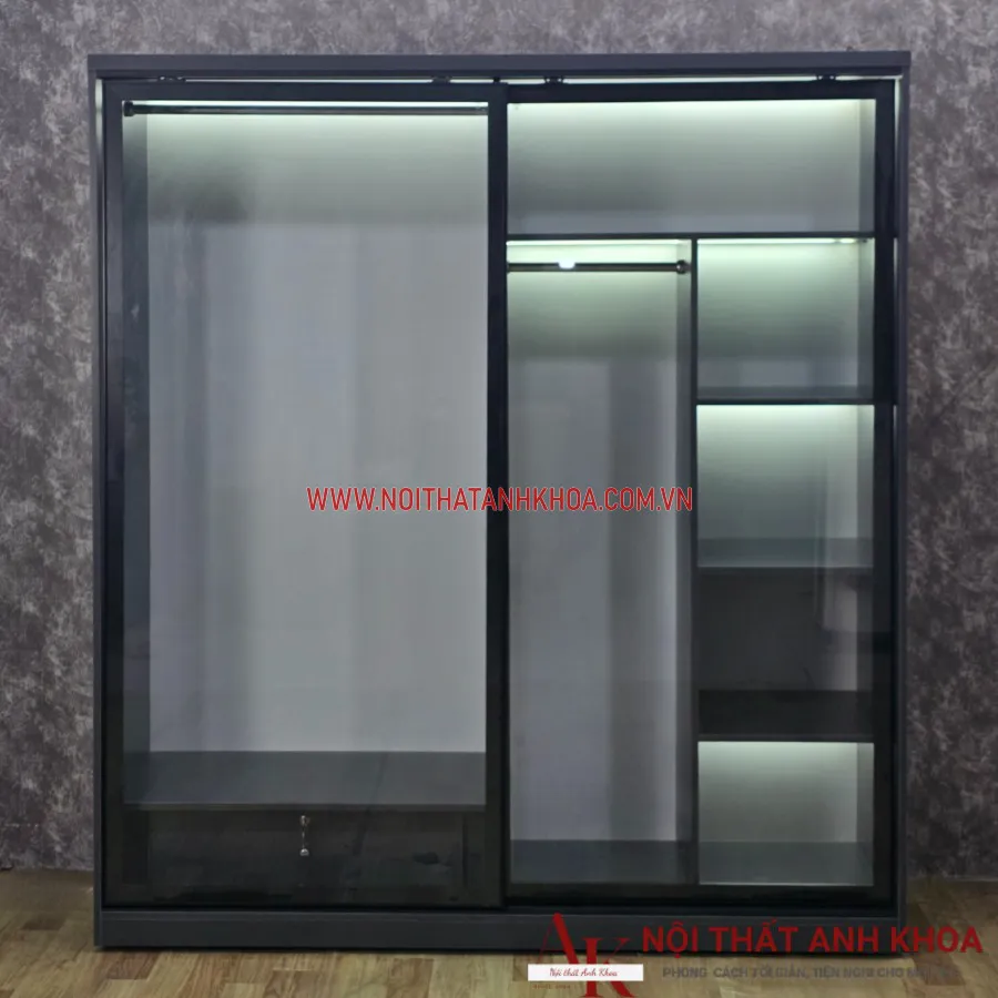 Tủ Áo Cửa Kính Lùa Khung Gỗ Công Nghiệp Màu Xám Giá Tốt