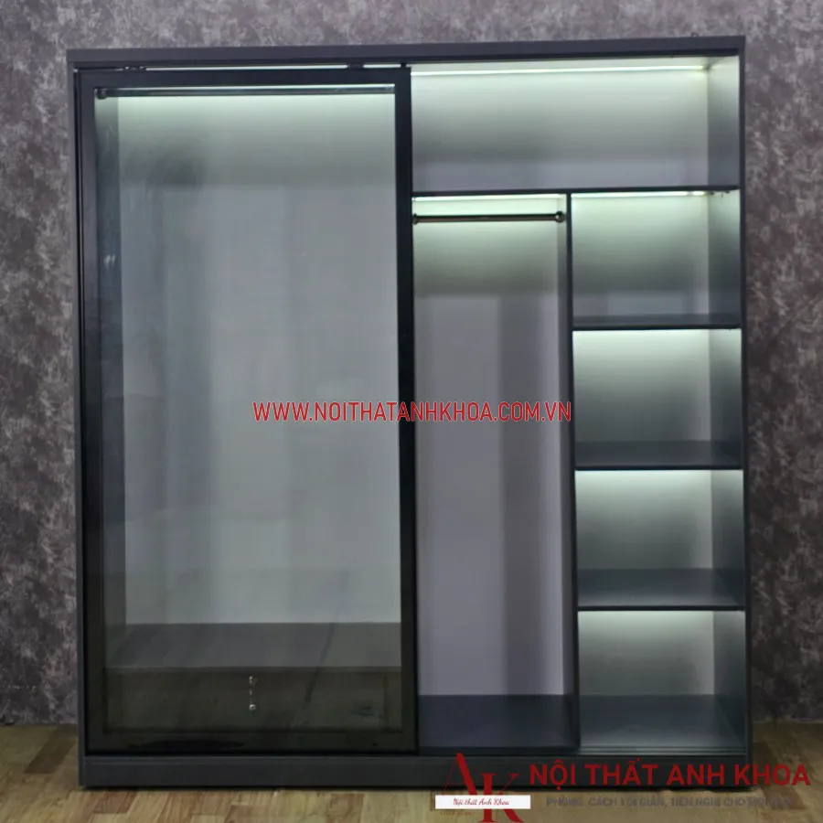 Tủ Áo Cửa Kính Lùa Khung Gỗ Công Nghiệp Màu Xám Giá Tốt