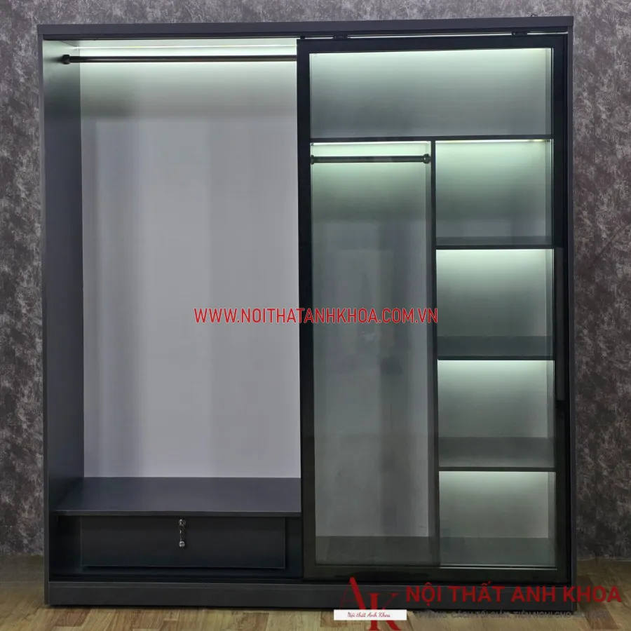 Tủ Áo Cửa Kính Lùa Khung Gỗ Công Nghiệp Màu Xám Giá Tốt