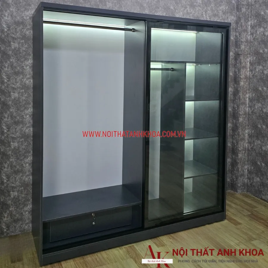 Tủ Áo Cửa Kính Lùa Khung Gỗ Công Nghiệp Màu Xám Giá Tốt