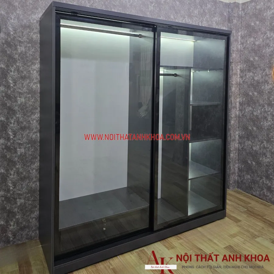 Tủ Áo Cửa Kính Lùa Khung Gỗ Công Nghiệp Màu Xám Giá Tốt