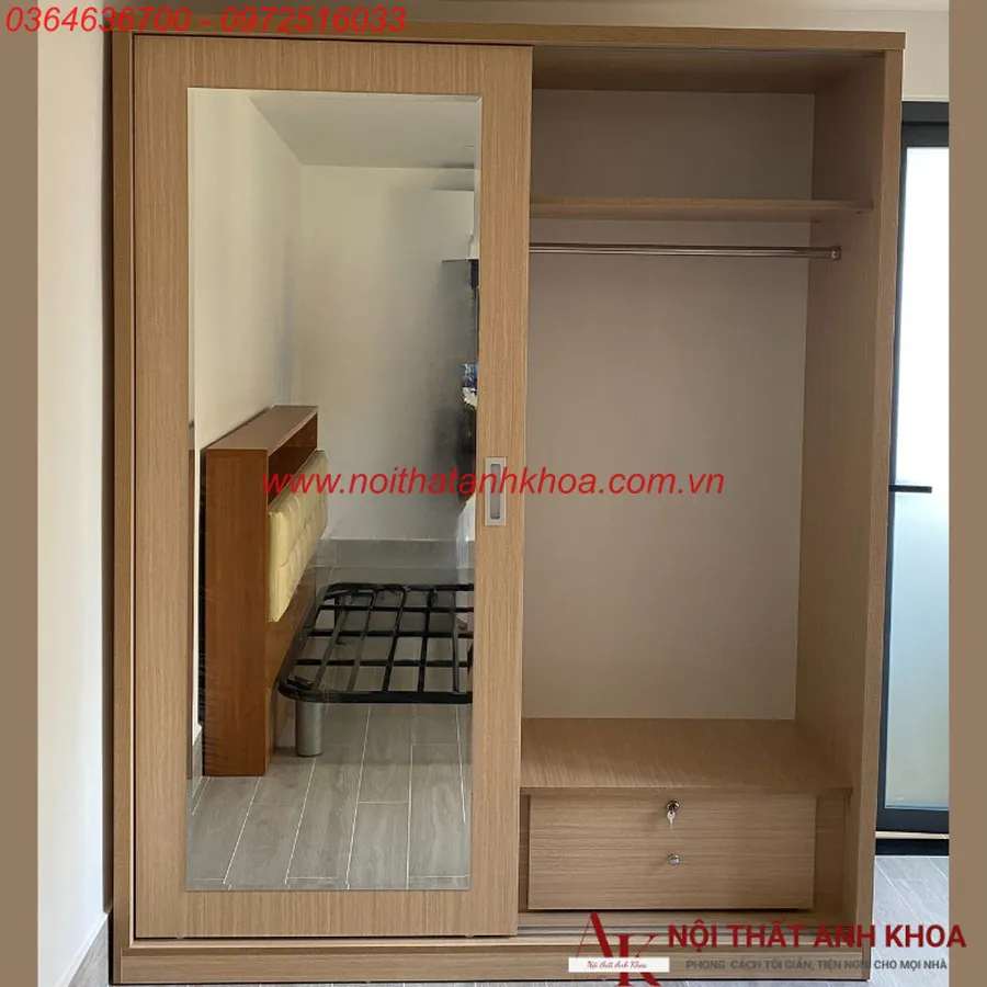 Tủ Áo Cửa Lùa 2 Cánh Gỗ MDF Có Gương