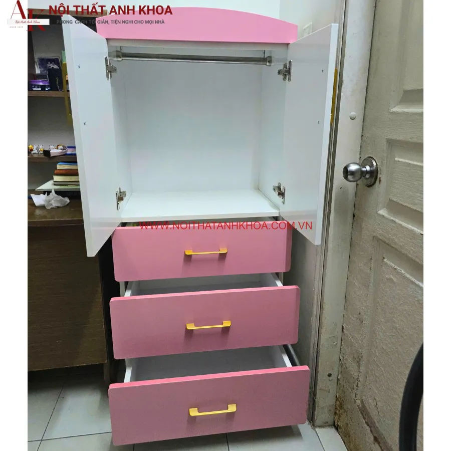 Tủ Áo Trẻ Em Gỗ Công Nghiệp Màu Hồng Phối Trắng Đẹp Giá Rẻ