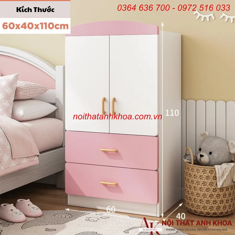Tủ Áo Trẻ Em Gỗ Công Nghiệp Màu Hồng Phối Trắng Đẹp Giá Rẻ
