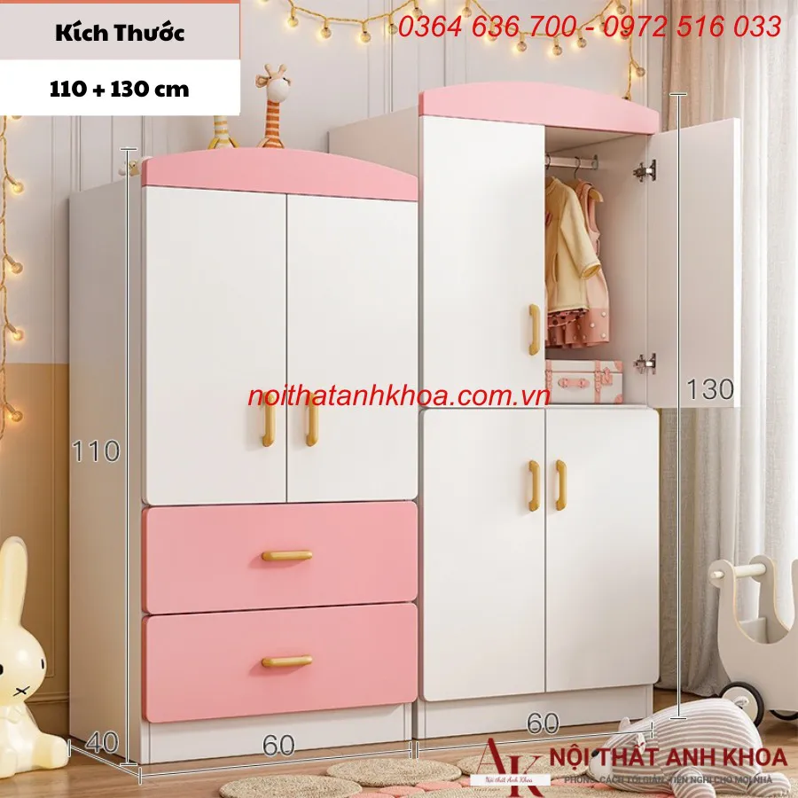 Tủ Áo Trẻ Em Gỗ Công Nghiệp Màu Hồng Phối Trắng Đẹp Giá Rẻ