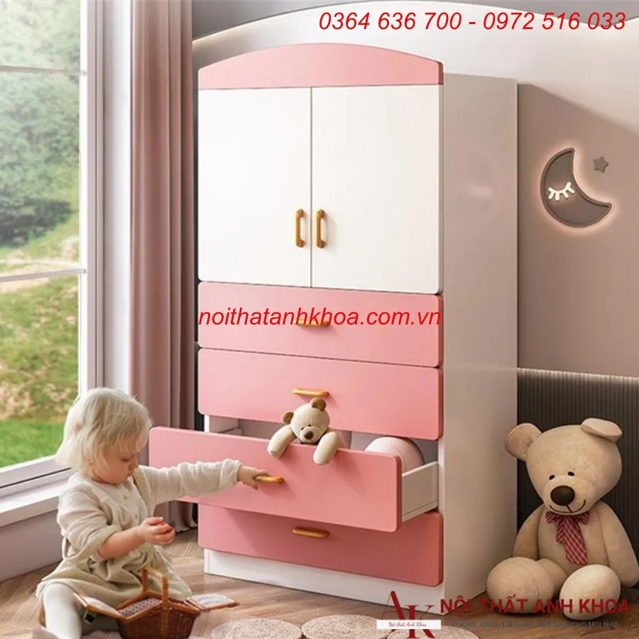Tủ Áo Trẻ Em Gỗ Công Nghiệp Màu Hồng Phối Trắng Đẹp Giá Rẻ