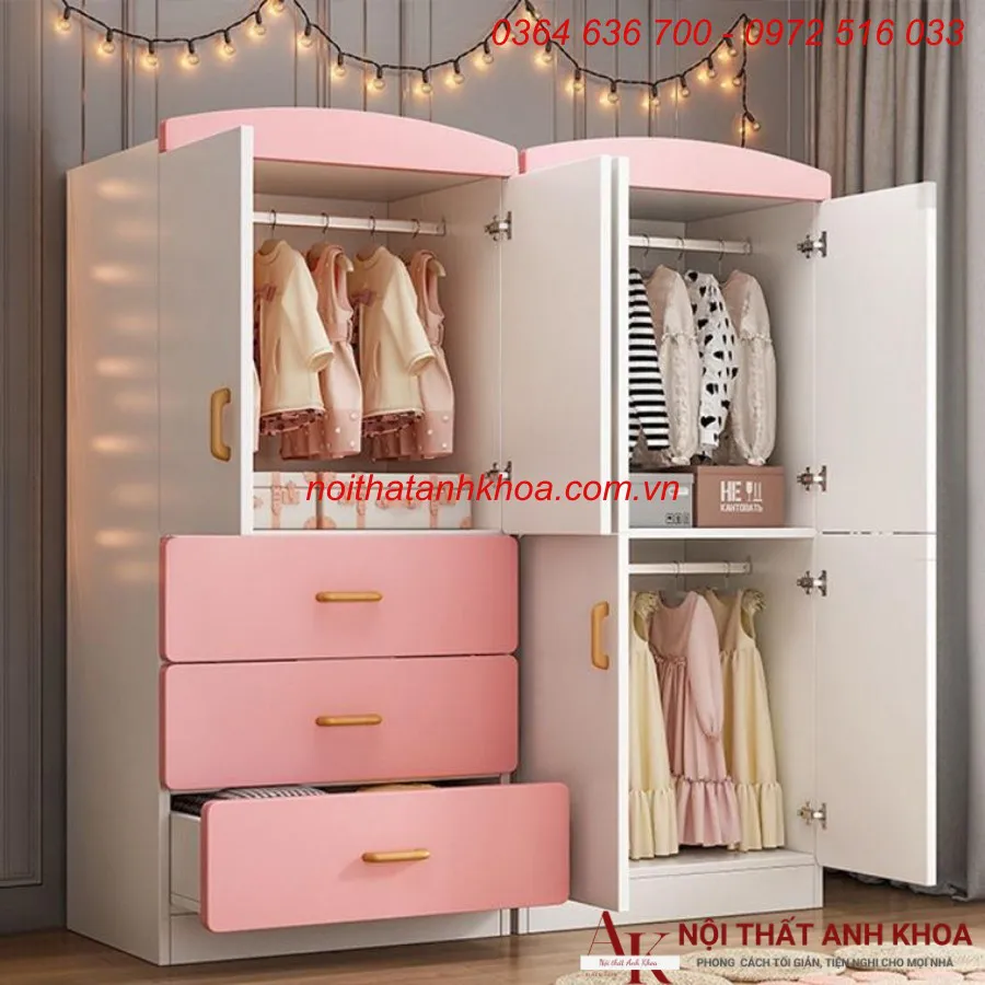 Tủ Áo Trẻ Em Gỗ Công Nghiệp Màu Hồng Phối Trắng Đẹp Giá Rẻ