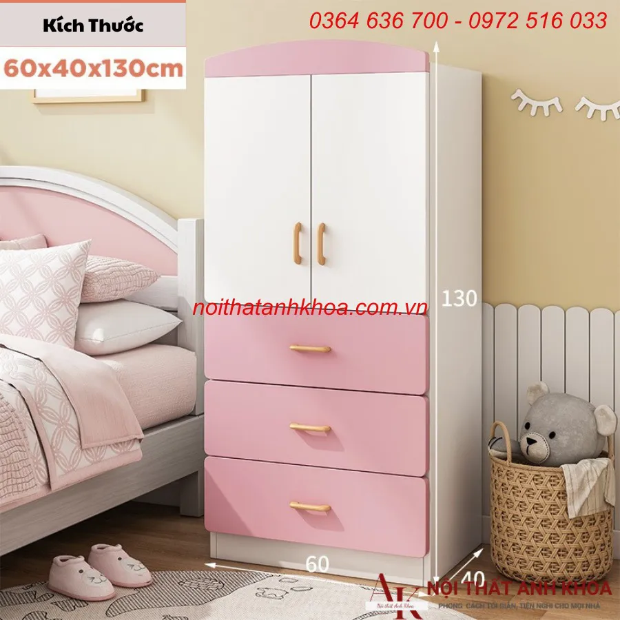 Tủ Áo Trẻ Em Gỗ Công Nghiệp Màu Hồng Phối Trắng Đẹp Giá Rẻ