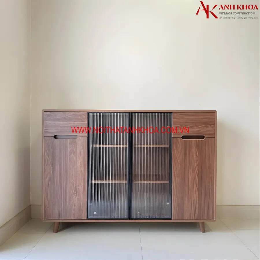 Tủ Bếp Đa Năng Màu Óc Chó Kết Hợp Cánh Kính