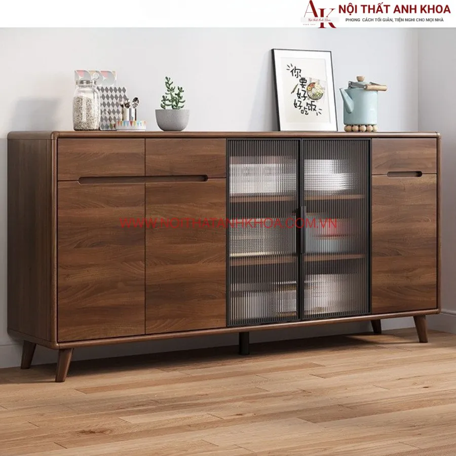 Tủ Bếp Đa Năng Màu Óc Chó Kết Hợp Cánh Kính