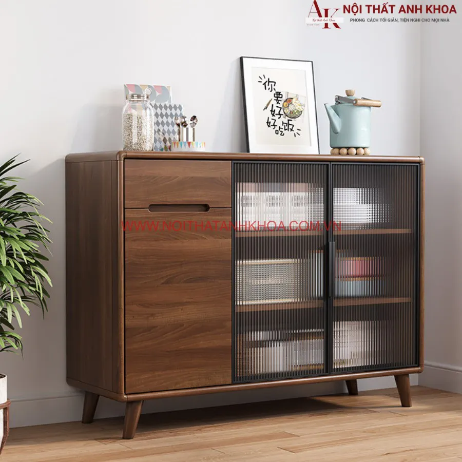 Tủ Bếp Đa Năng Màu Óc Chó Kết Hợp Cánh Kính