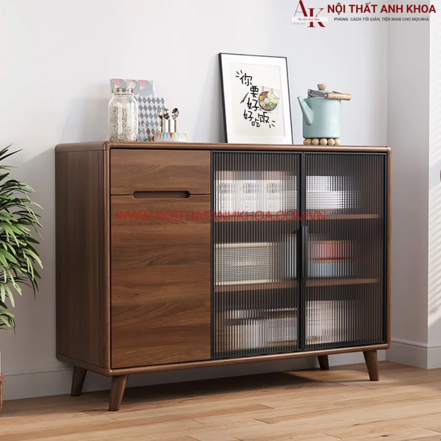 Tủ Bếp Đa Năng Màu Óc Chó Kết Hợp Cánh Kính