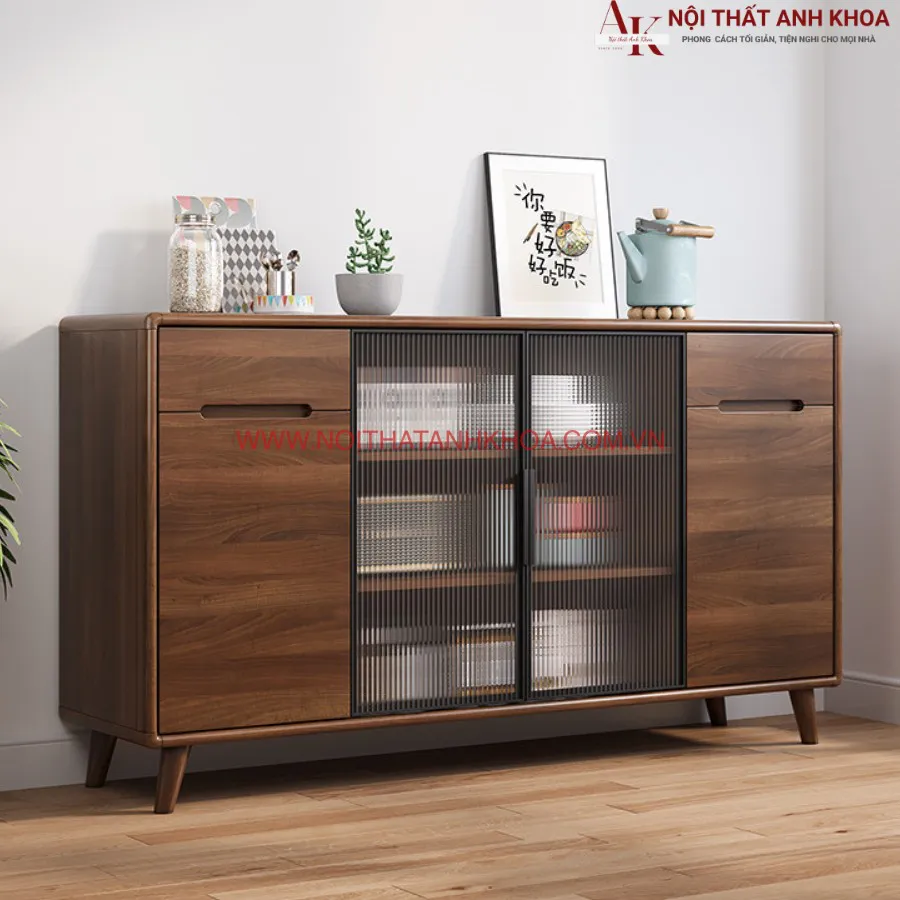 Tủ Bếp Đa Năng Màu Óc Chó Kết Hợp Cánh Kính