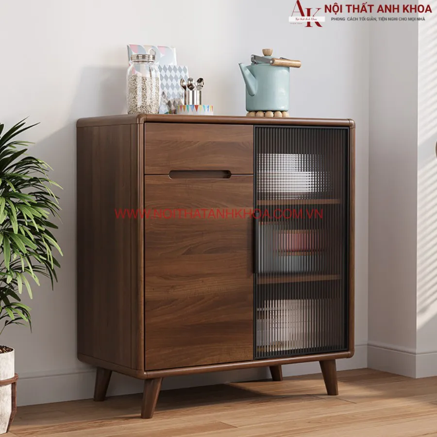 Tủ Bếp Đa Năng Màu Óc Chó Kết Hợp Cánh Kính