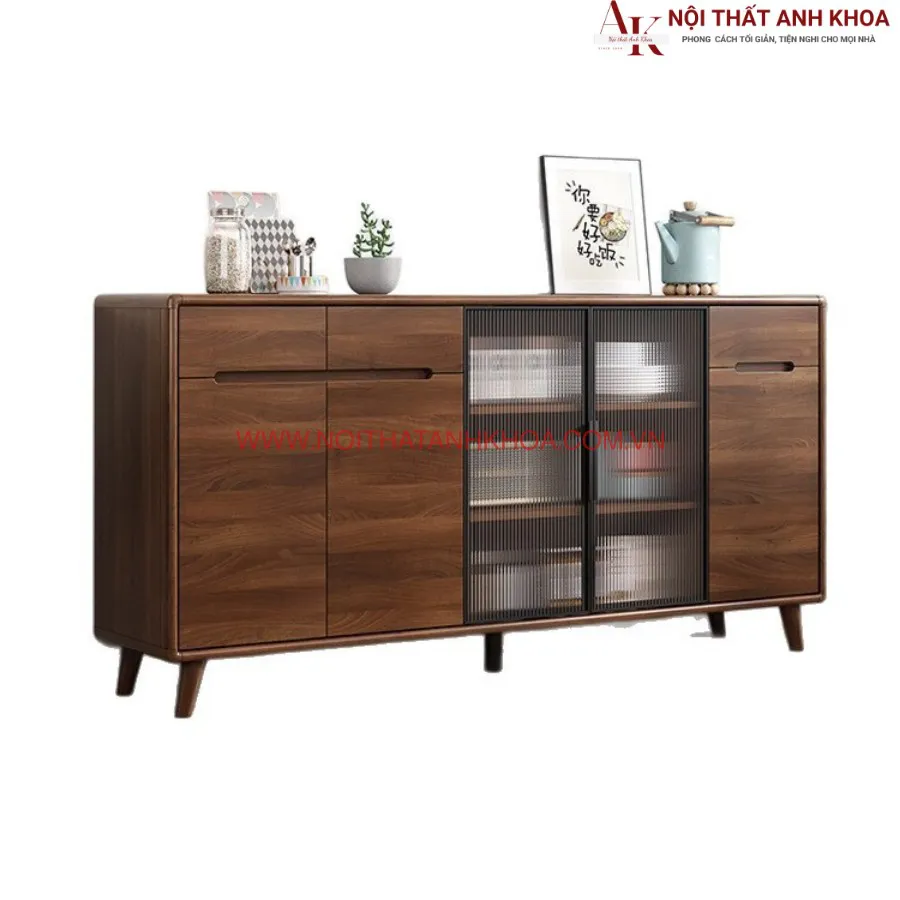 Tủ Bếp Đa Năng Màu Óc Chó Kết Hợp Cánh Kính