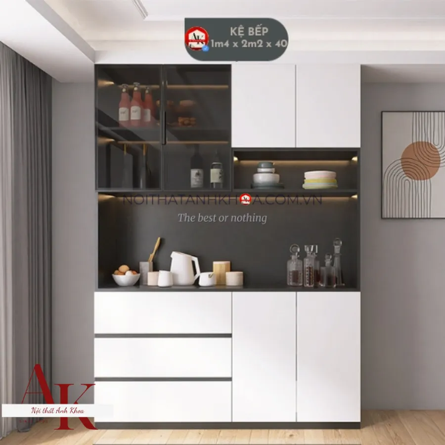Tủ Bếp Cánh Kính Gỗ Công Nghiệp MDF Đẹp Sang Trọng Sắc Nét
