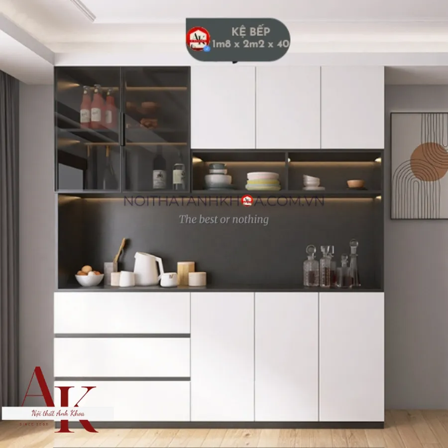 Tủ Bếp Cánh Kính Gỗ Công Nghiệp MDF Đẹp Sang Trọng Sắc Nét