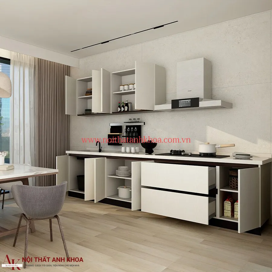 Tủ Bếp Gỗ Công Nghiệp Màu Trắng Kháng Ẩm Tốt