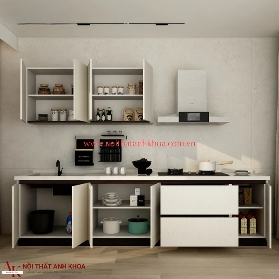 Tủ Bếp Gỗ Công Nghiệp Màu Trắng Kháng Ẩm Tốt