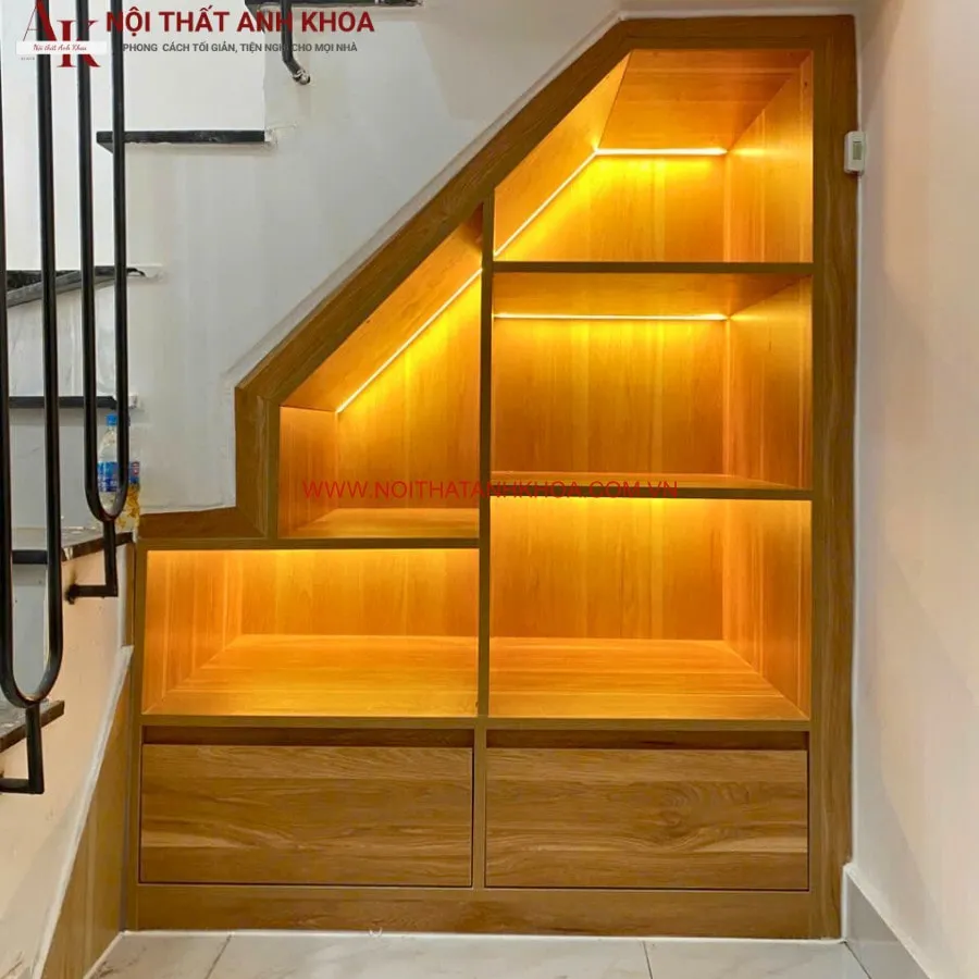 Tủ Cầu Thang Gỗ Công Nghiệp Có Led Sang Trọng