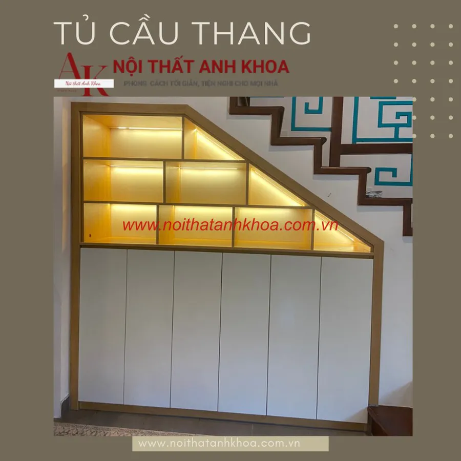 Tủ Cầu Thang Gỗ Ván Ép Màu Vàng Phối Trắng Kèm Đèn LED Đẹp Hiện Đại
