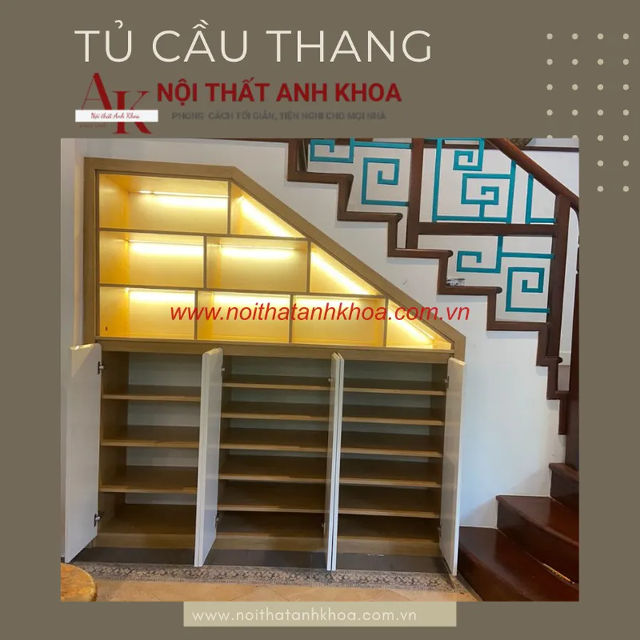 Tủ Cầu Thang Gỗ Ván Ép Màu Vàng Phối Trắng Kèm Đèn LED Đẹp Hiện Đại