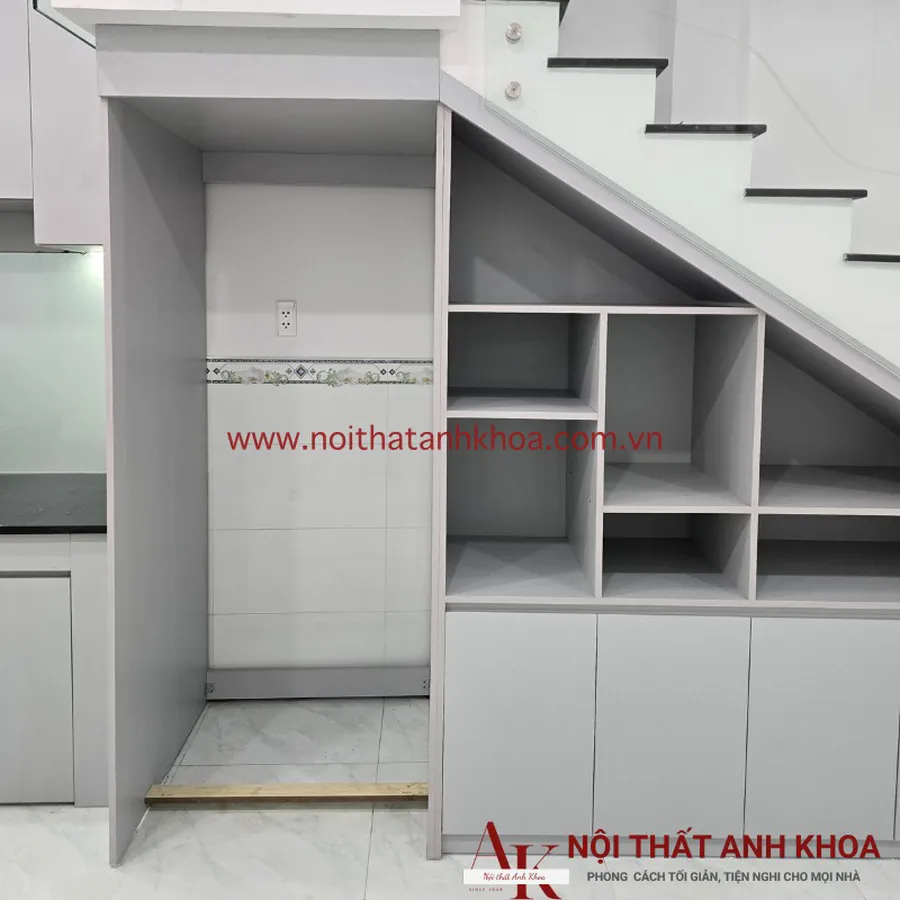 Tủ Cầu Thang Gỗ Công Nghiệp MDF Màu Xám Nhạt Đẹp
