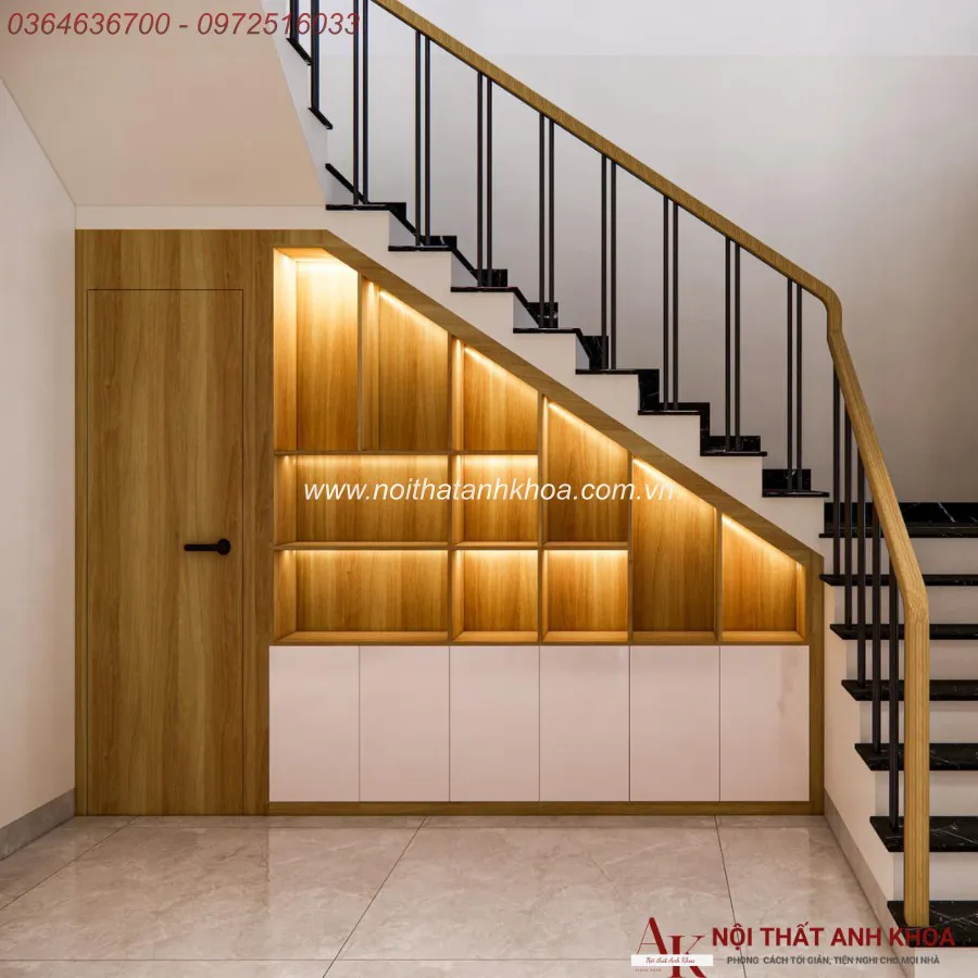 Tủ Cầu Thang Gỗ Ván Ép Màu Vàng Phối Trắng Kèm Đèn LED Đẹp Hiện Đại