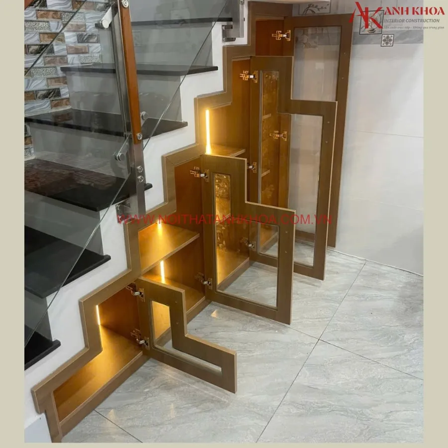Tủ Chân Cầu Thang Gỗ Công Nghiệp Phối Cánh Kính Có Led