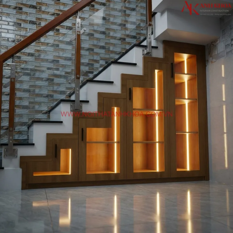 Tủ Chân Cầu Thang Gỗ Công Nghiệp Phối Cánh Kính Có Led